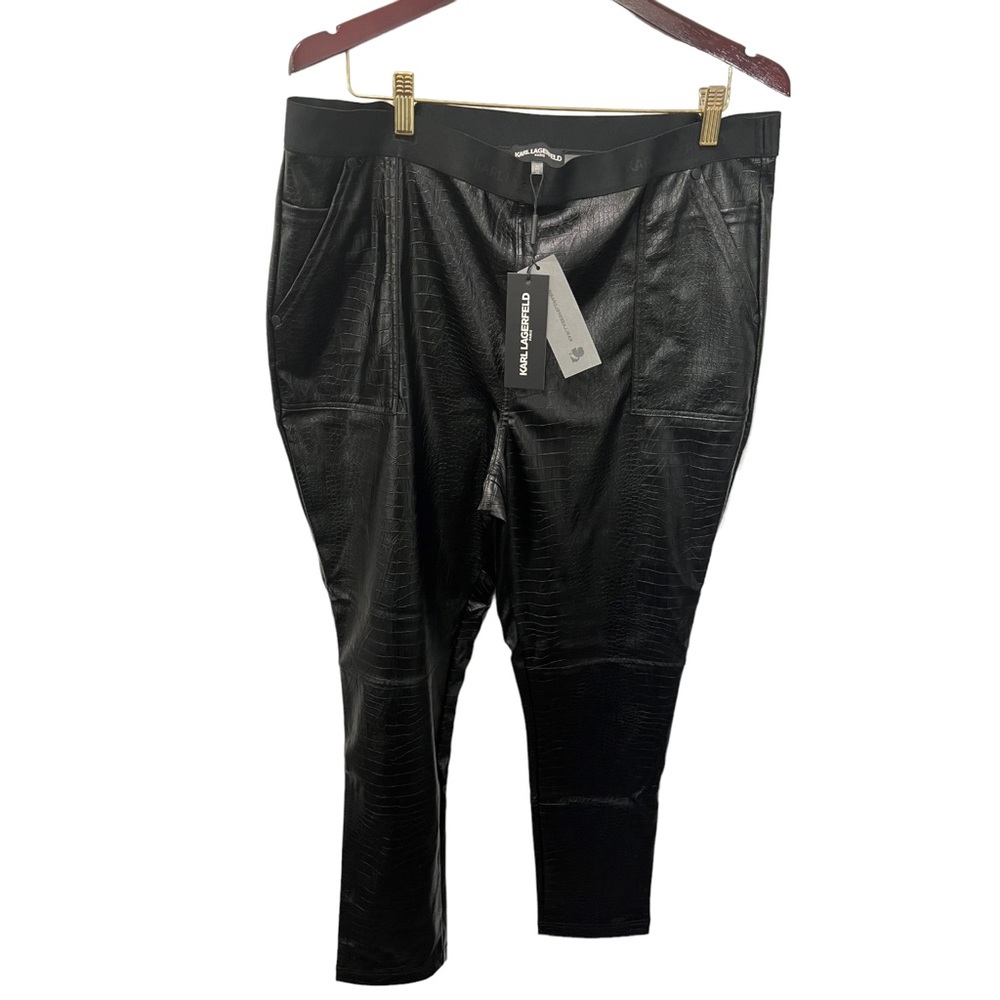 KARL LAGERFELD PARIS BLACK VEGAN LEATHER CROC PRINT ELASTIC BAND PANTS - Picture 2 of 13
